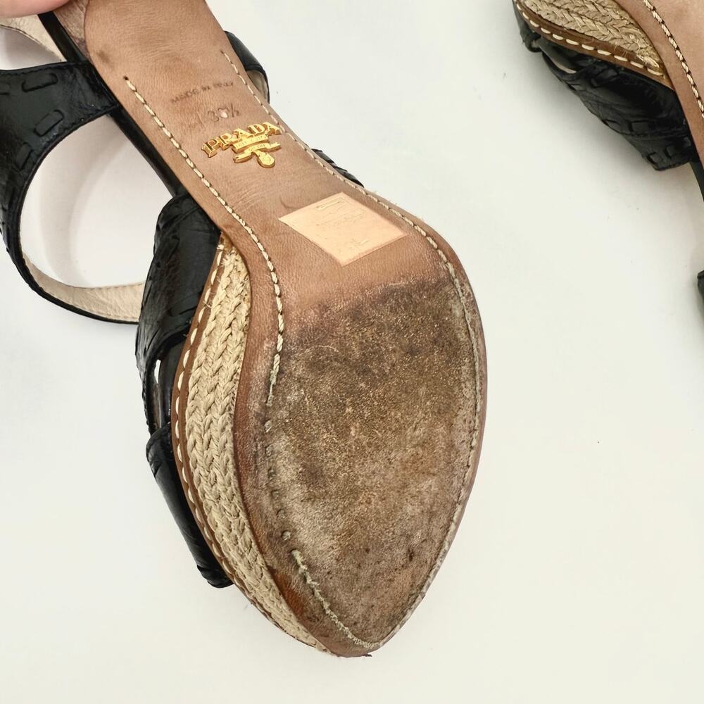 Prada Crisscross Platform Sandals Heels Black Leather Espadrille Platform 36.5 - Picture 10 of 12